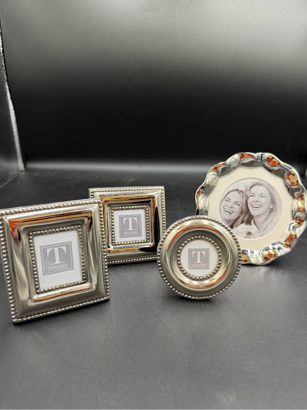 Two's Company Silver Beaded Photo Frame Set with Decorative Round Frame